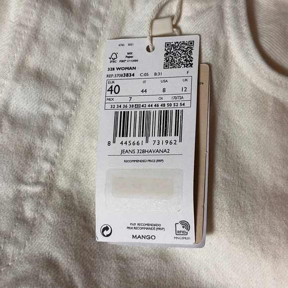 NWT Mango MNG Denim Jeans Womens 8 Bone Ecru Havana Cropped High Waist Frayed - Picture 8 of 8